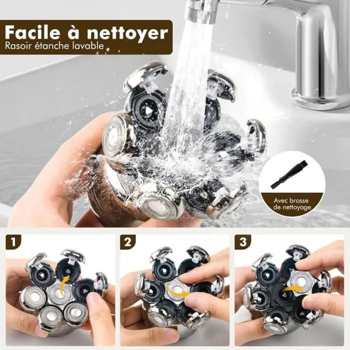 Aparat de ras electric 6 in 1, rotativ 7D, impermeabil IPX6, negru, dimensiuni standard