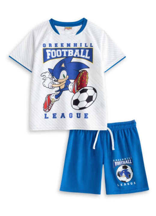Echipament sportiv copii, Sonic the Hedgehog, tricou alb cu pantaloni albastri, poliester, pentru baieti, 104-110 CM