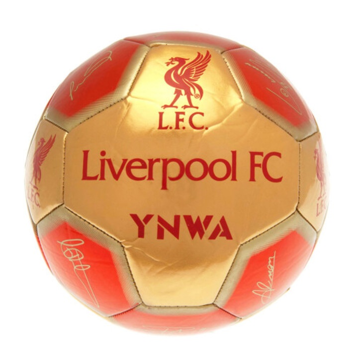 Minge de fotbal/balon de fotbal din material sintetic, oficial licentiat, cu semnaturi imprimate ale jucatorilor, 26 panouri, YNWA Signature, auriu/rosu, 47 cm