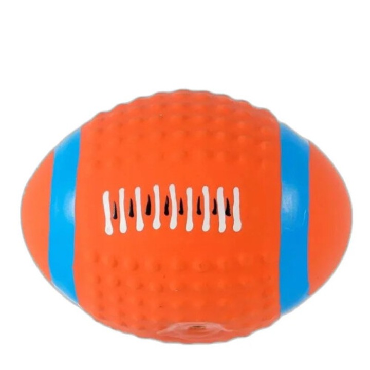 Jucarie pentru caini, minge de mestecat tip rugby, jucarie interactiva cu sunet (squeaker), din latex rezistent, non-toxic, portocaliu/albastru, 1 buc
