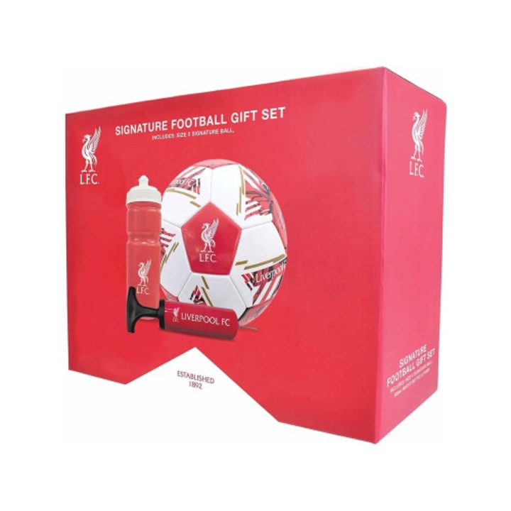 Liverpool FC hivatalosan aláírt futball labda ajándék szett, piros-fehér, 5-ös méret, pumpa, 500ml-es vizespalack