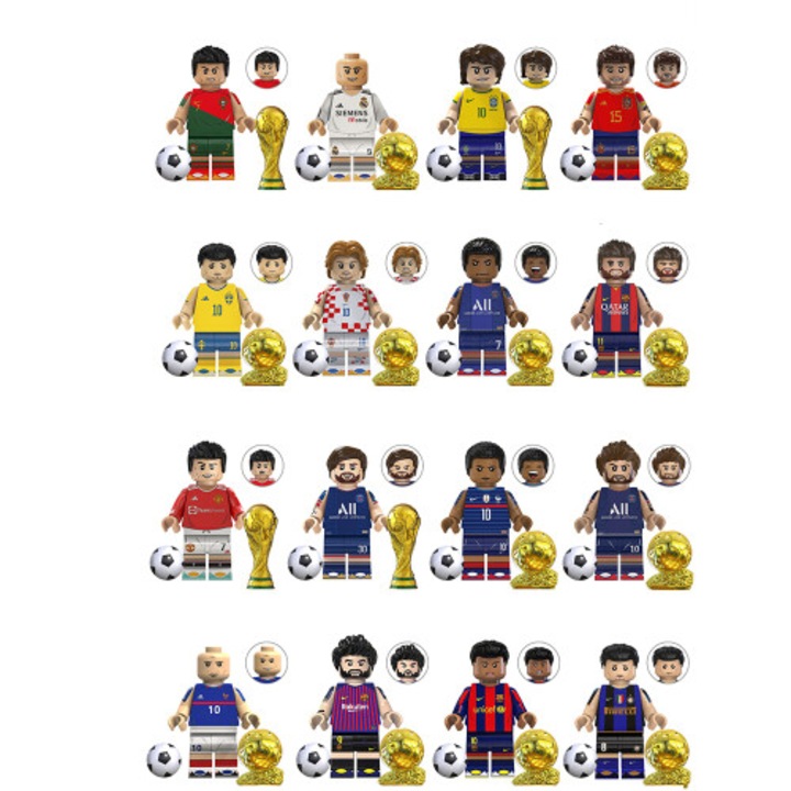 Комплект от 16 минифигурки футбол Световна купа, съвместими с части тип Lego, от нетоксична ABS пластмаса, Многоцветен, 16 бр.
