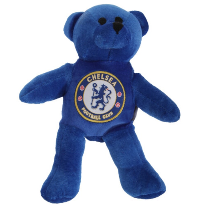 Chelsea FC plüssmackó, mini plüss, granulátum töltettel, hímzett embléma a mellkason, kék, 20 cm