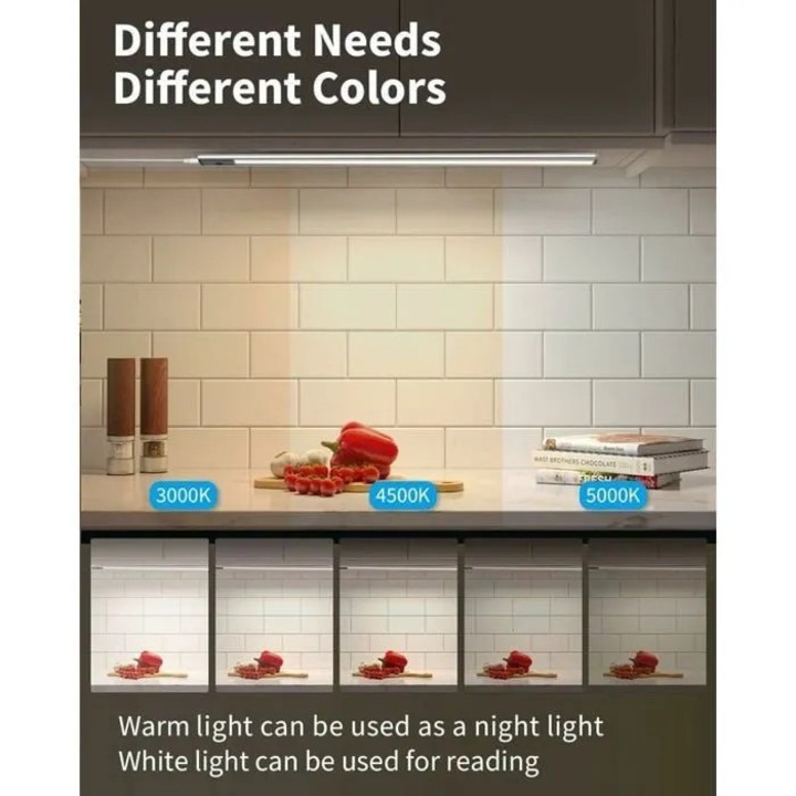 LED лента под шкаф, 60см, презареждаема USB, сензор, многоцветна