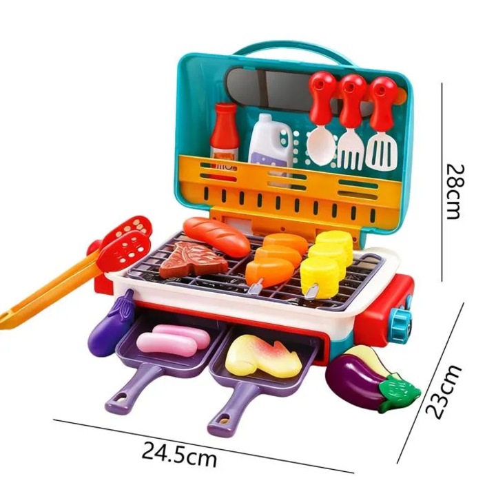 Set gratar de joaca pentru copii, jucarie de gatit cu lumini si sunete, cu efect de fum si mancare care isi schimba culoarea, Multicolor, 1 set