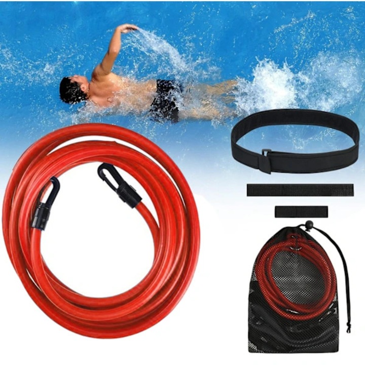 Centura de antrenament pentru inot, banda de rezistenta din TPE elastica reglabila 3 m, cu chinga scurta si lunga si geanta de depozitare, rosu, universal