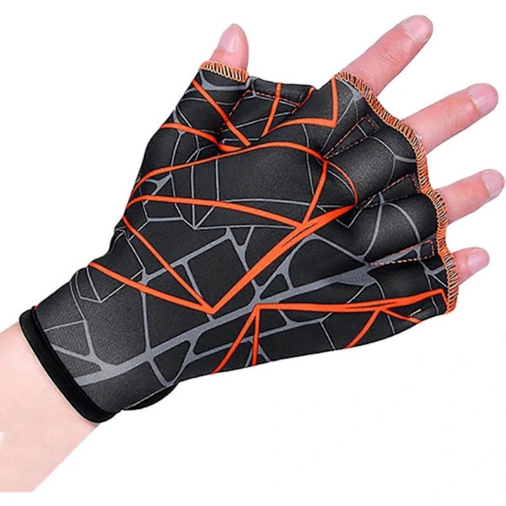 Manusi pentru inot, manusi acvatice din nylon cu membrane intre degete, decupate la varf, cu banda elastica reglabila la incheietura, pentru antrenament in apa, Portocaliu, M