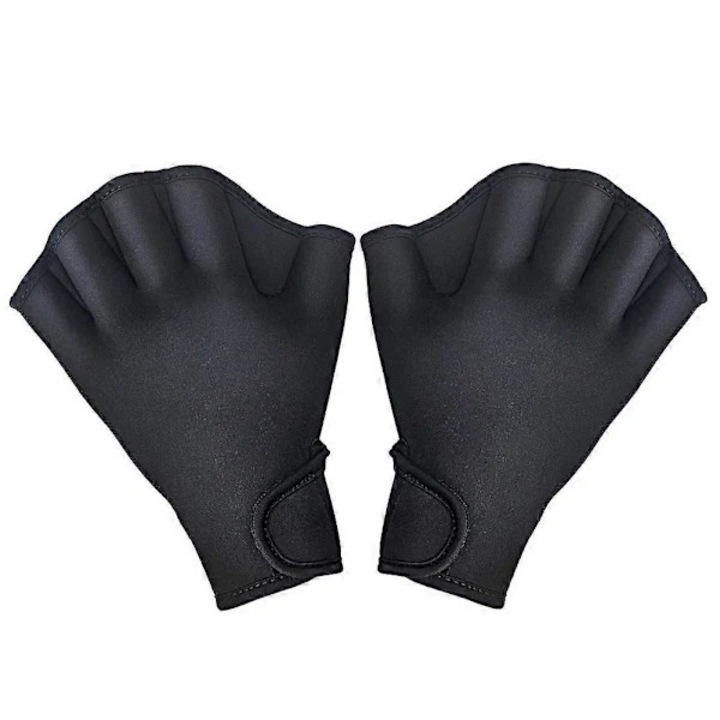 Manusi de inot din neopren pentru antrenament aqua fit, cu palete intre degete, design fara varfuri si inchidere reglabila la incheietura, Negru, M