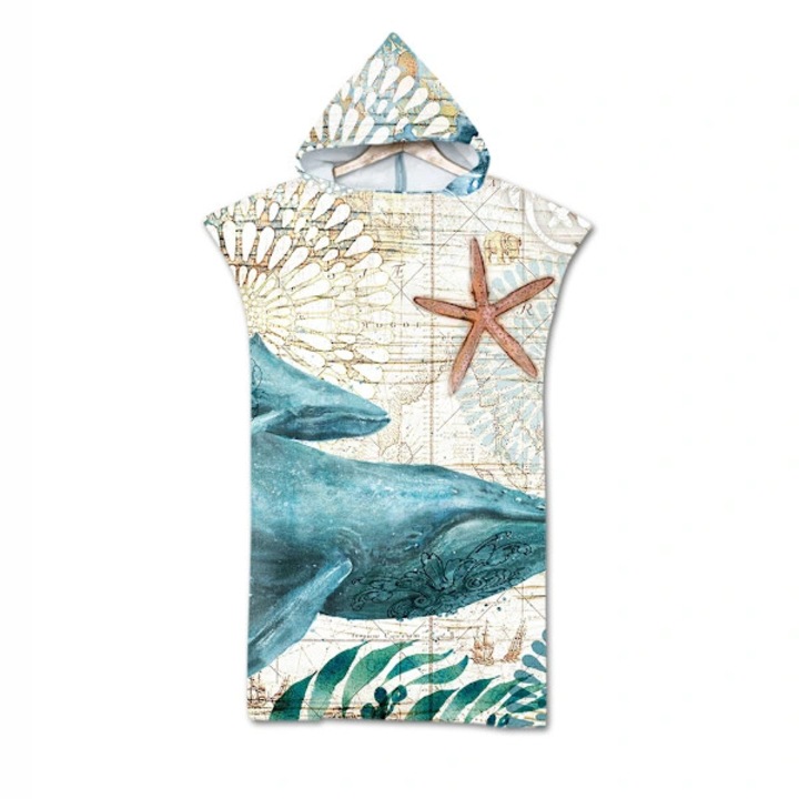 Poncho surf / prosop poncho din microfibra 100% poliester, cu gluga, absorbant si uscare rapida, imprimeu balena, multicolor, 75x110 cm