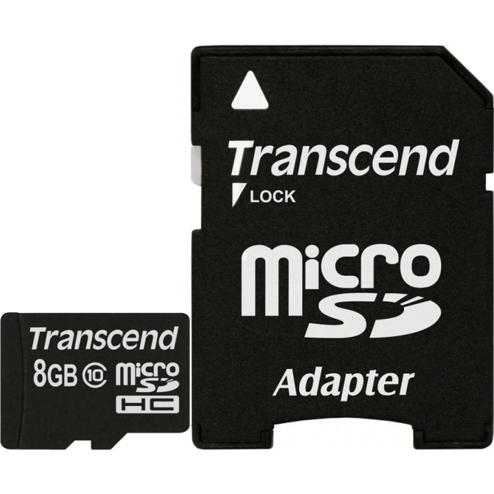 Card de memorie, Transcend, MicroSDHC, 8GB, Clasa 10 + adaptor