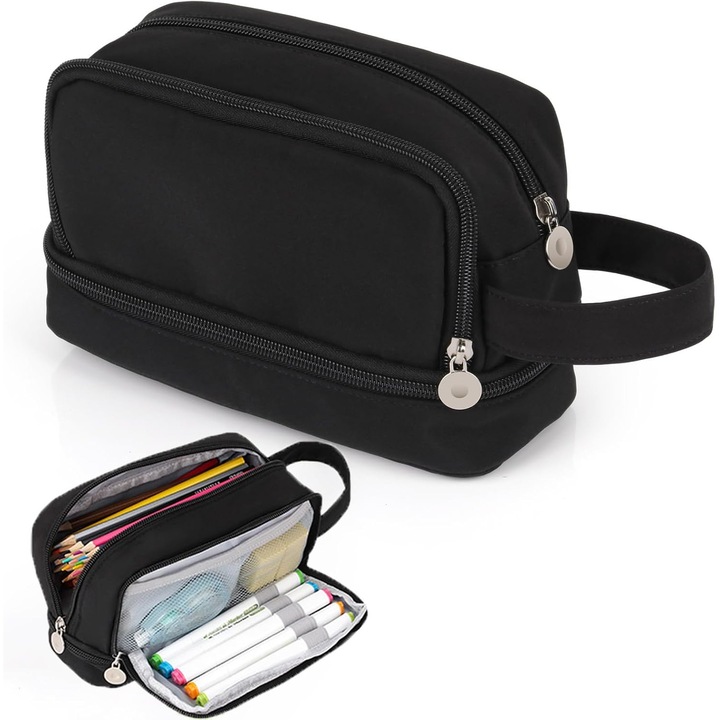Penar cu 3 compartimente, capacitate mare, negru, 22x10x5cm