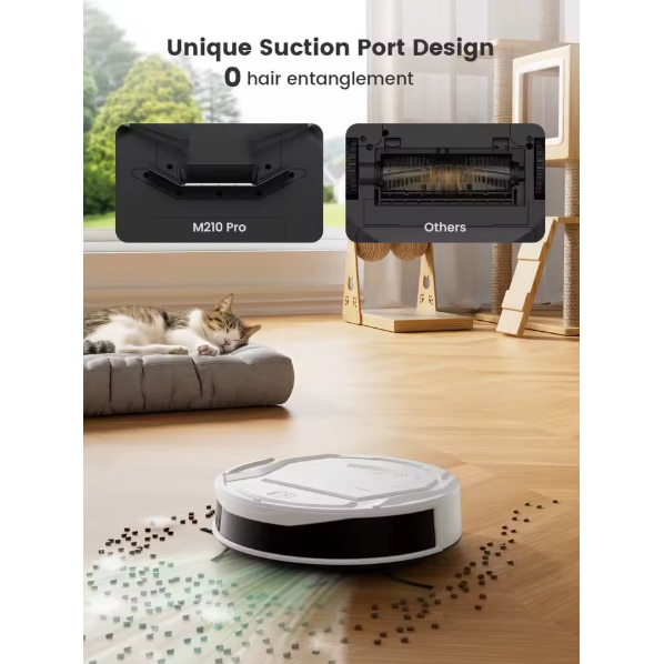 Aspirator robot, putere de aspirare de 2200 Pa, control prin aplicatie WiFi si Alexa, autonomie de 120 de minute, functie anti-incurcare pentru parul animalelor de companie, M210 Pro Alb