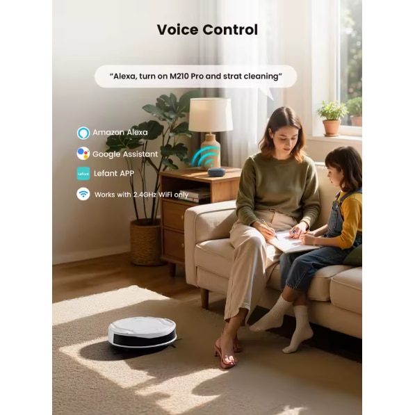 Aspirator robot, putere de aspirare de 2200 Pa, control prin aplicatie WiFi si Alexa, autonomie de 120 de minute, functie anti-incurcare pentru parul animalelor de companie, M210 Pro Alb