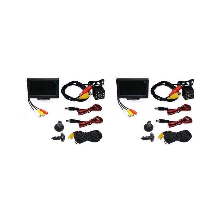 Tolatókamera készlet / tolatókamera 4.3 hüvelykes TFT, vízálló, 5m éjjellátó 8 LED-del, CCD érzékelő, NTSC támogatás, 120°/135° széles látószög, Fekete, 2 kamera + 2 monitor szett