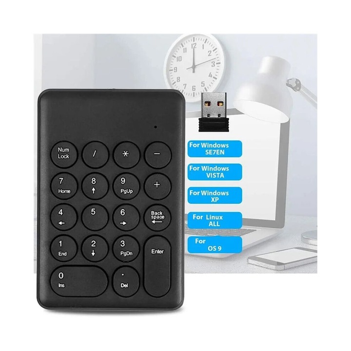Tastatura numerica wireless 2.4G, 18 taste, alb, 33x12cm