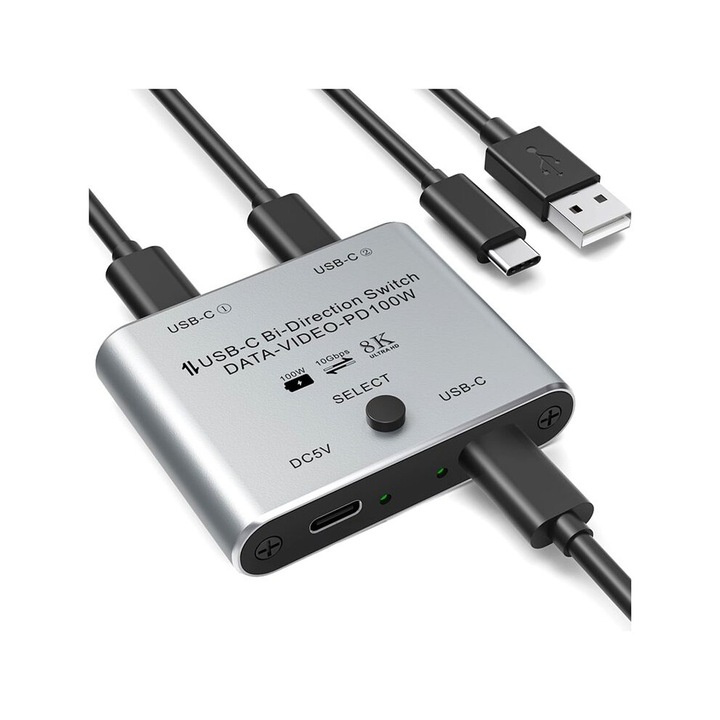 Kétirányú USB-C KVM kapcsoló, 8K USB-C választó, 8K@60Hz/4K@144Hz támogatás, PD 100W töltés, 10Gbps adatátvitel, Ezüst, 1 db