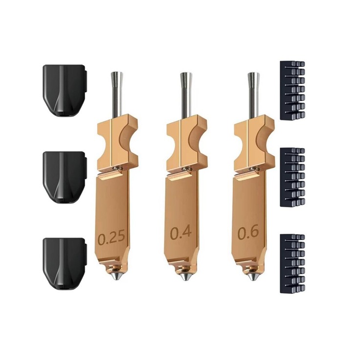 3 db-os készlet, AD5X kompatibilis hotend fúvókák, teljesen fém, gyorsan levehető, 0.25/0.4/0.6 mm, 550°C-ig ellenálló, PC/nylon/ABS kompatibilis, arany, tartalmaz 3 szilikon hüvelyt és 3 tisztítóeszközt