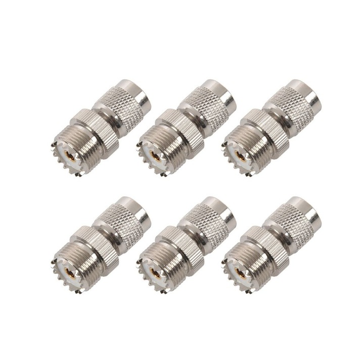 Set 6 adaptoare/conectori TNC mascul la PL259 UHF femela, metal, pentru cablu coaxial, argintiu