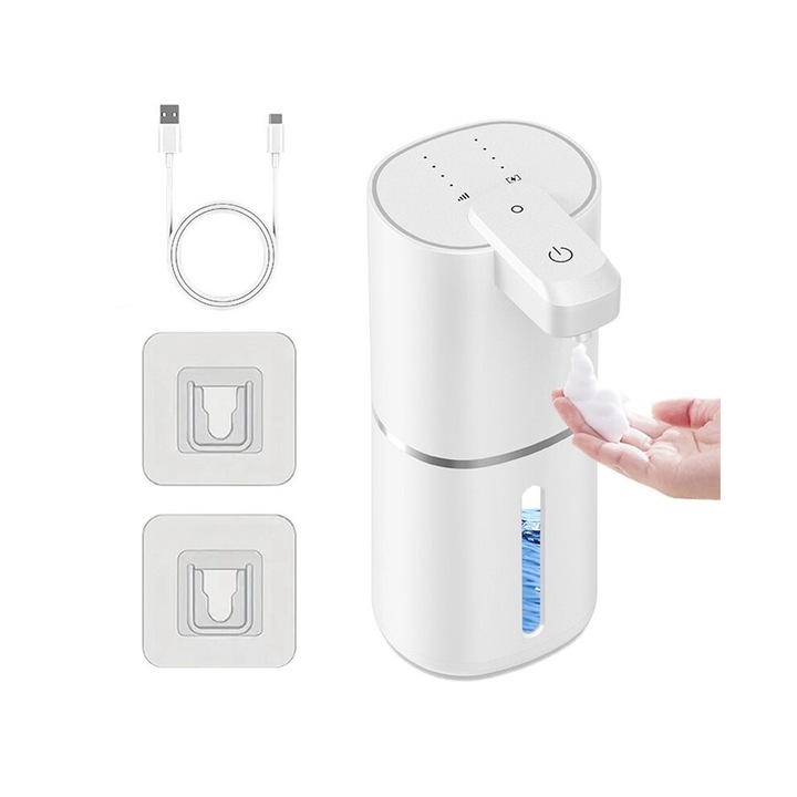 K1 automata habszappan adagoló, érintésmentes adagoló, 4 adagolási szinttel, USB újratölthető, IPX5 vízálló, falra szerelhető, fehér, 380ml
