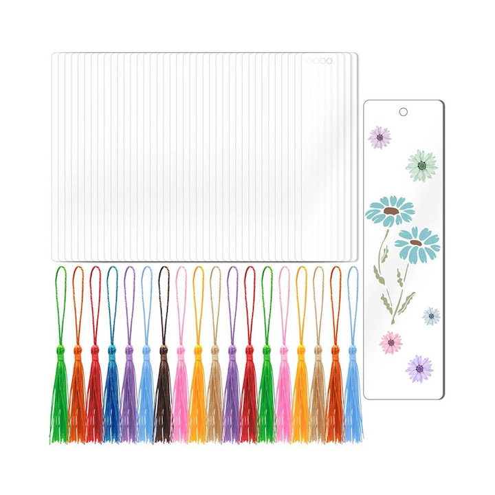 Set 40 buc. semne de carte din acril transparente pentru DIY, 1.8mm grosime, prevazute cu orificiu si folie de protectie detasabila pentru personalizare, Multicolor, 40 x semne de carte, 40 x ciucuri