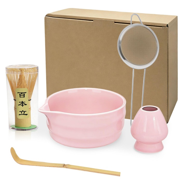 Set ceai Matcha 5 piese ceramic bambus roz 15x15x10cm