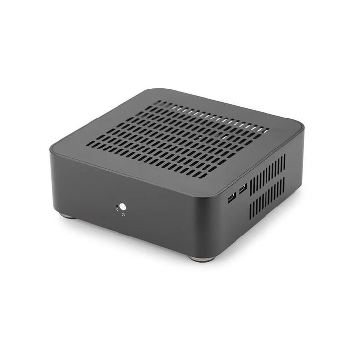 ITX ház, alumínium, fekete, 19.7x19.7x6.5cm, ventilátor és HDD támogatással