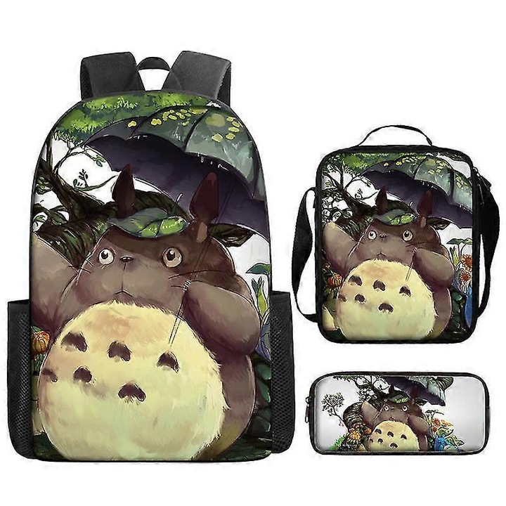 Set rucsac, geanta de pranz si penar din poliester cu imprimeu Totoro, cu fermoar, pentru copii, Multicolor, Marime unica