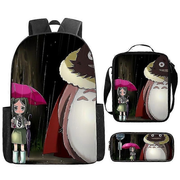 Set rucsac, geanta de pranz si penar din poliester, cu fermoar si imprimeu Totoro – 3 piese, Negru/Multicolor, Marime unica