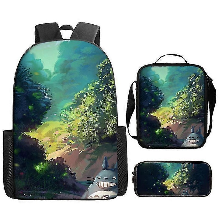 Rucsac/ghiozdan din poliester cu imprimeu My Neighbor Totoro, geanta de pranz si penar incluse, Multicolor, Unisex