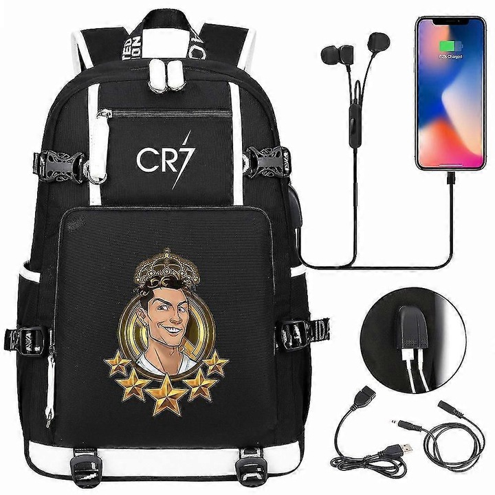 Rucsac/ghiozdan din Oxford, captusit cu poliester, cu port USB pentru incarcare, rezistent la apa, capacitate mare si compartiment pentru laptop CR7, Negru, 47x30x15 cm