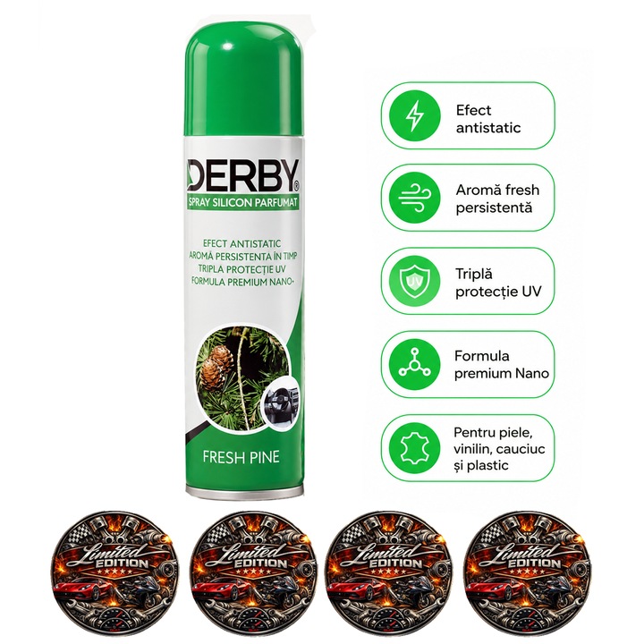 Spray silicon parfumat pentru bord Derby Fresh Pin, 220 ml, efect antistatic, protectie UV, pentru plastic, cauciuc, vinilin si piele auto, 4x Stickere auto