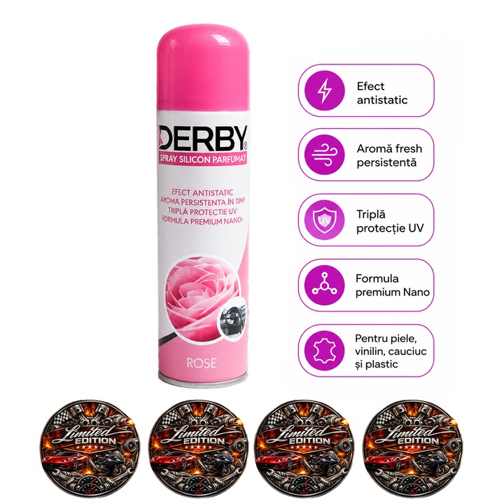 Spray silicon parfumat pentru bord Derby Trandafir, 220 ml, efect antistatic, protectie UV, pentru plastic, cauciuc, vinilin si piele auto, 4x Stickere auto