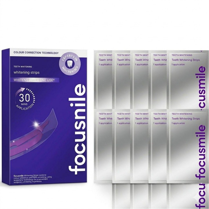 Focusmile V34 fogfehérítő készlet, lila színkorrektor, biztonságos a zománcra és érzékeny fogakra, 28 csík (14 kezelés)