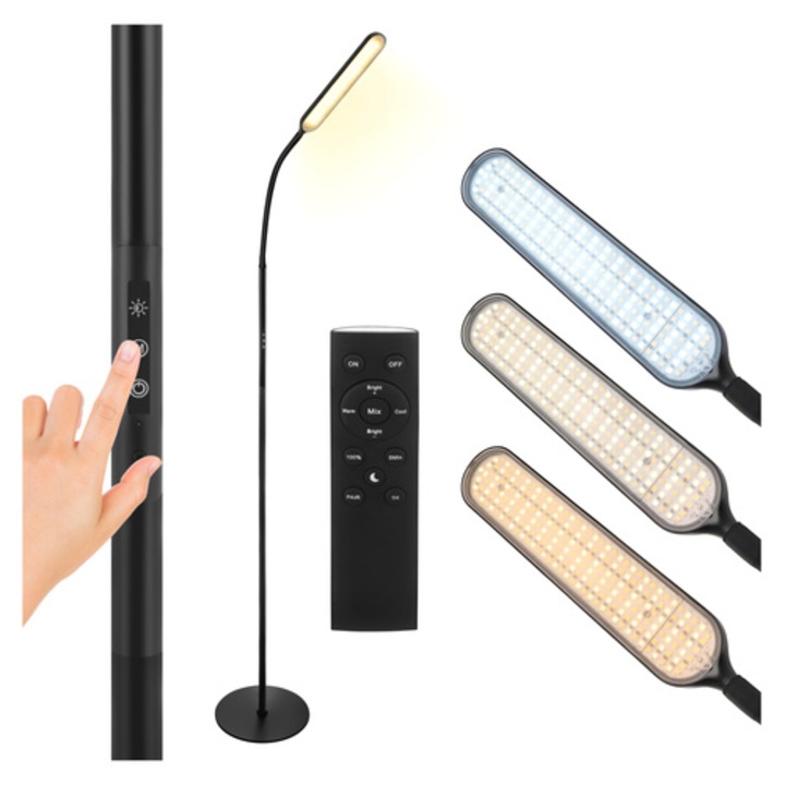 Lampa de podea LED ISOXIS, reglabila, telecomanda, timer, lumina calda, neutra si rece, intensitate reglabila, brat flexibil, 180 cm, fier si ABS, Negru