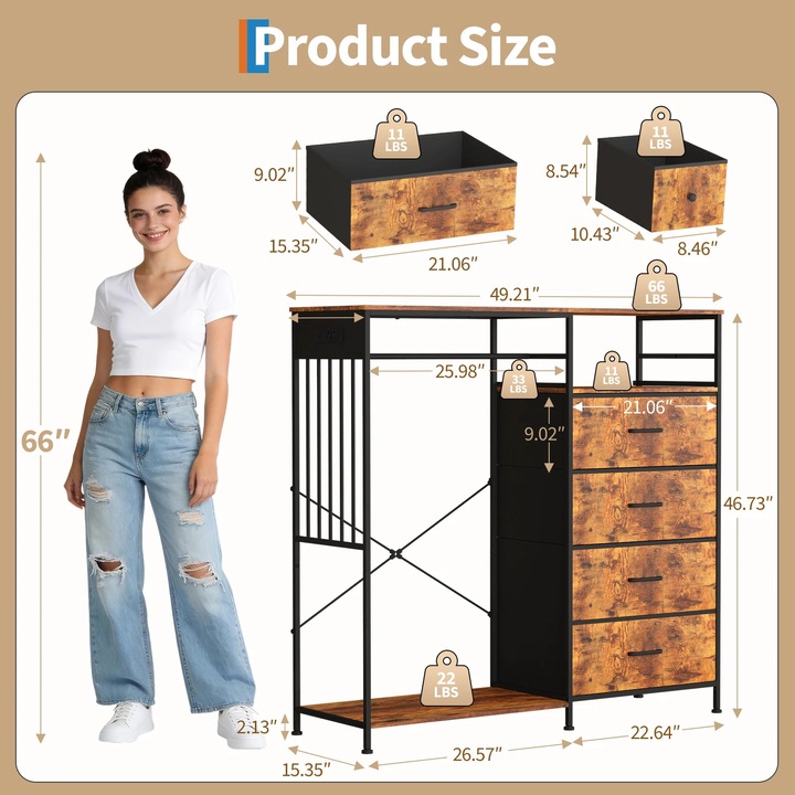 Comoda cu bara pentru haine, Mobilier dormitor, 150 cm latime, 4 sertare, Cadru metalic, Elemente din lemn, Stil modern, Maro