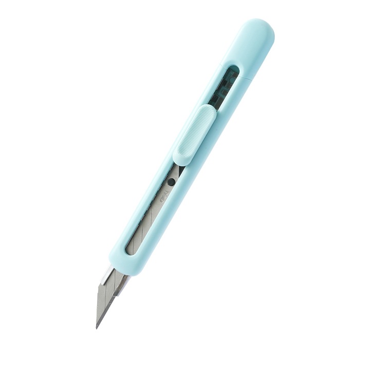 Cutter mic Deli, plastic reciclat, lama ascutita, albastru, 4x1.2x16.7cm