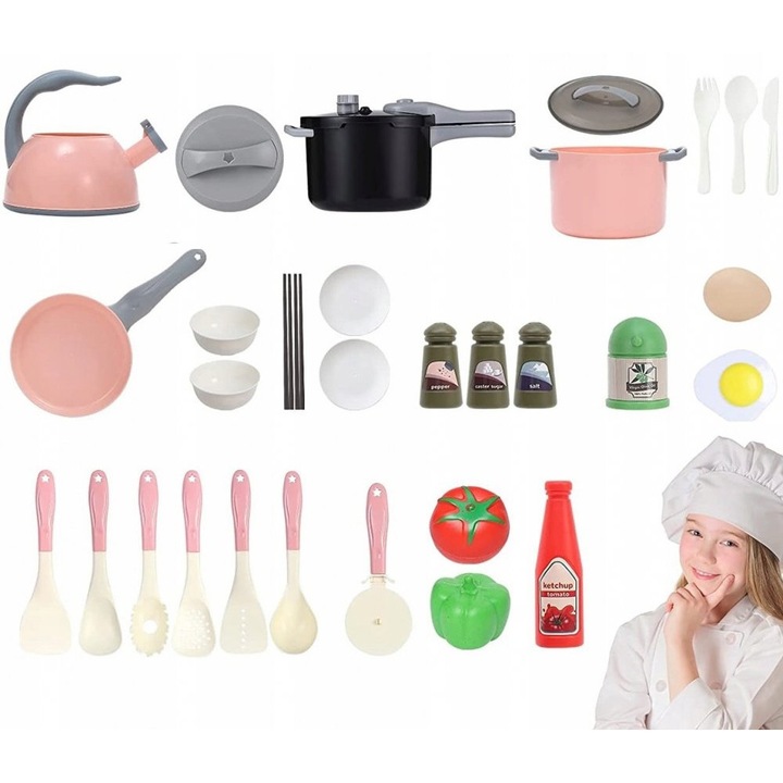 Set 32 obiecte si ustensile de bucatarie pentru copii Malplay Pink, cu oale, tigai, tacamuri din materiale rezistente, cu margini rotunjite