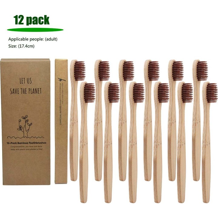12 db bambusz fogkefe készlet, puha és lapos sörték, kávé színű, 18.5cm