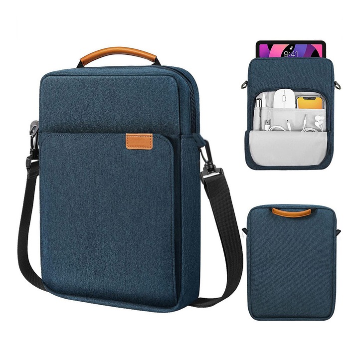 Geanta tableta 9-11″, AFKSMILE, Husa pentru 11 inch universala tableta, Cu maner, Design cu mai multe buzunare, Protectie interna de catifea, Impermeabil si rezistent la uzura, Compacta si portabila, Nailon, 22*4*31cm, Albastru marin