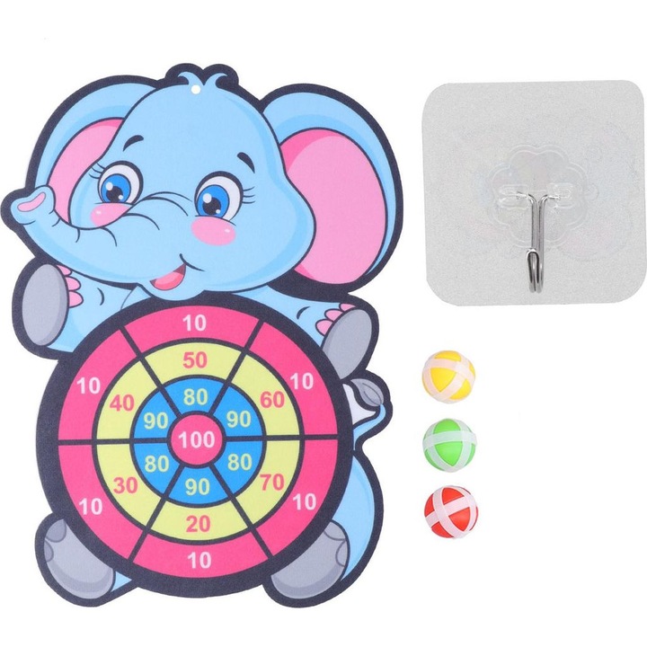 Gyermek darts készlet, megvastagított flanel dobókészlet tépőzáras rögzítéssel, biztonságos tépőzáras labdák, elefánt alakú célpont, többszínű, 1 célpont, 3 labda, 1 akasztóhorog