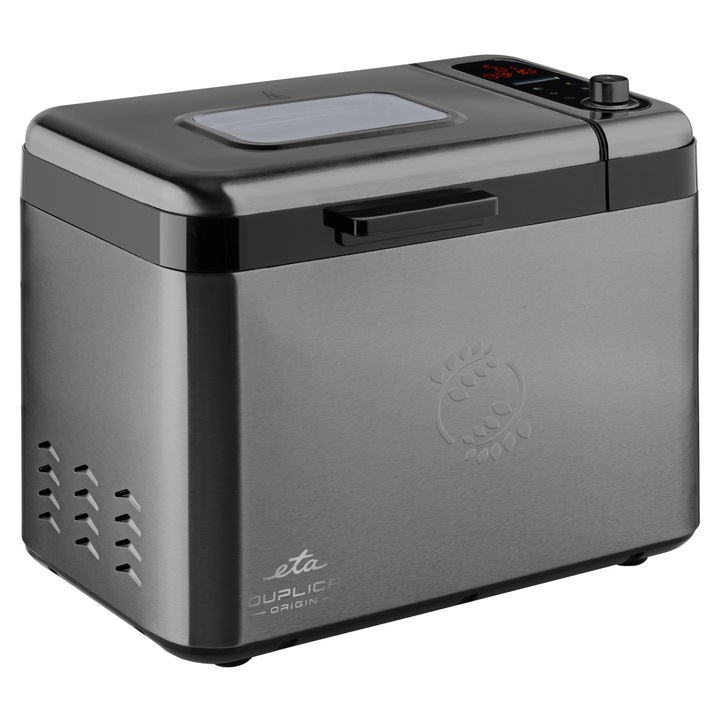 Masina de facut paine ETA Duplica II Origin 3147 90010, 850 W, 24 programe, capacitate 1.5 kg, dispenser automat ingrediente, afisaj Touch, Negru/Inox