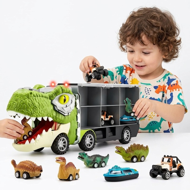 Set Interactiv de Masinute DinoFunTruck, Camion Transportator cu 1 Masinuta, 1 Barca, 4 Figurine de Dinozauri, Sunete si Lumini, Tobogan pentru Masinute, Panou Transparent, Indiggo@, + 3Ani, Green Light