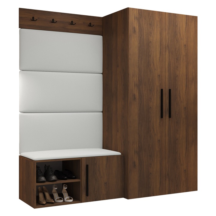 Mobilier pentru hol Hekurt I, MIRJAN 24, nuc warmia + alb piele ecologica, 50x164x191 cm