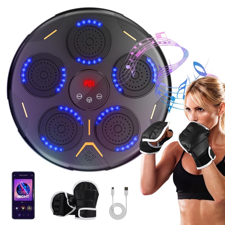 Aparat inteligent de box cu muzica, Placa de box montata pe perete, Model A, Bluetooth, Incarcare USB, Cu manusi de box, Pentru adulti