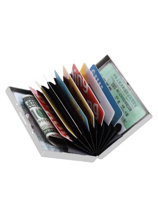 Метален портфейл за карти, с RFID защита, 10 отделения, може да съхранява шофьорска книжка, сребрист, 10x7.5x2 см