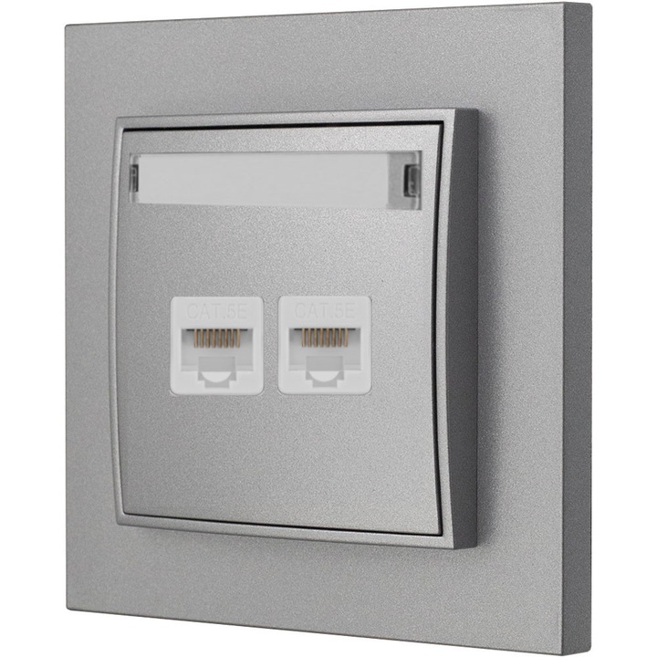 Karlik Seria Mini dupla hálózati aljzat szett, univerzális keret 7MR-1 + 2xRJ45 mechanizmus 7MGK-2, Cat.5e, süllyesztett szerelés, metál ezüst, 1 szett