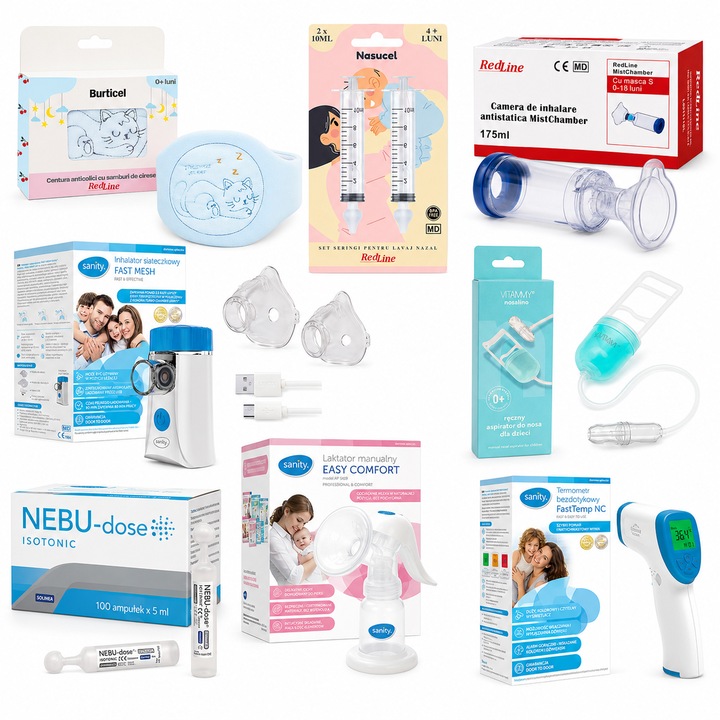 Pachet nou nascuti baietel, centura anticolici, seringi lavaj nazal, camera de inhalare, aparat de aerosoli, aspirator nazal, ser fiziologic izotonic, pompa manuala de san, termometru non-contact