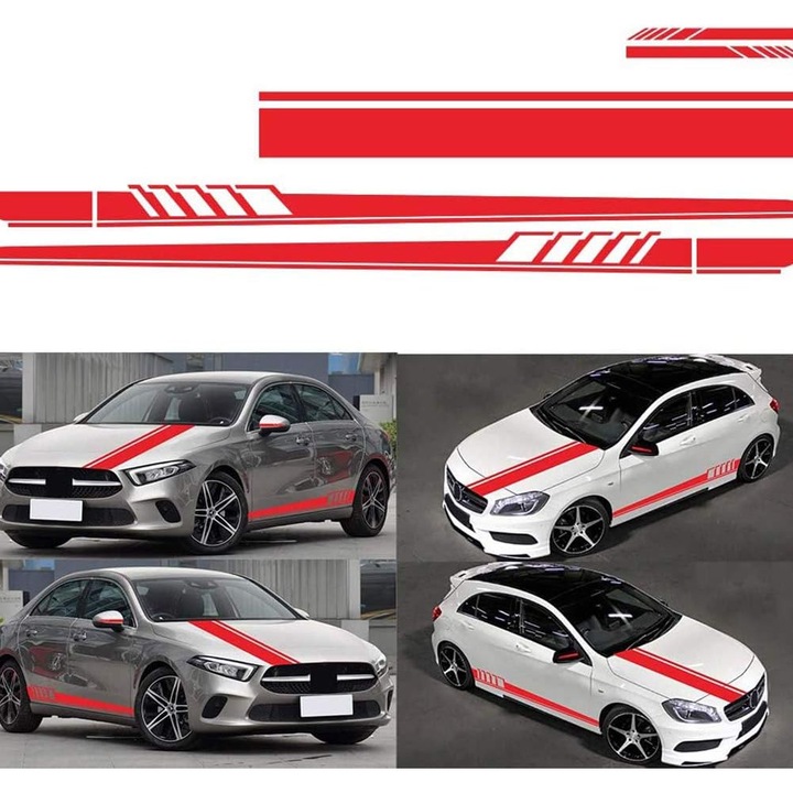 Set 5 stickere auto, dungi rosii, vinil, 120x15cm, 220x11.5cm, 15x2.4cm