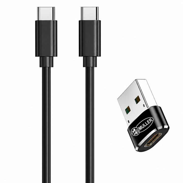 Set Cablu Date si Incarcare Rapida FastCharge 3A, USB-C la USB-C, lungime 1 m, pentru Motorola, Apple, Huawei, Samsung, Xiaomi, Oppo, si Adaptor OTG Müller®️ USB‑C la USB