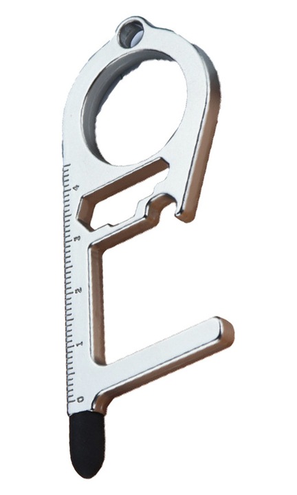 Többfunkciós, kompakt, ezüst színű kulcstartó sörnyitó, 10x3cm